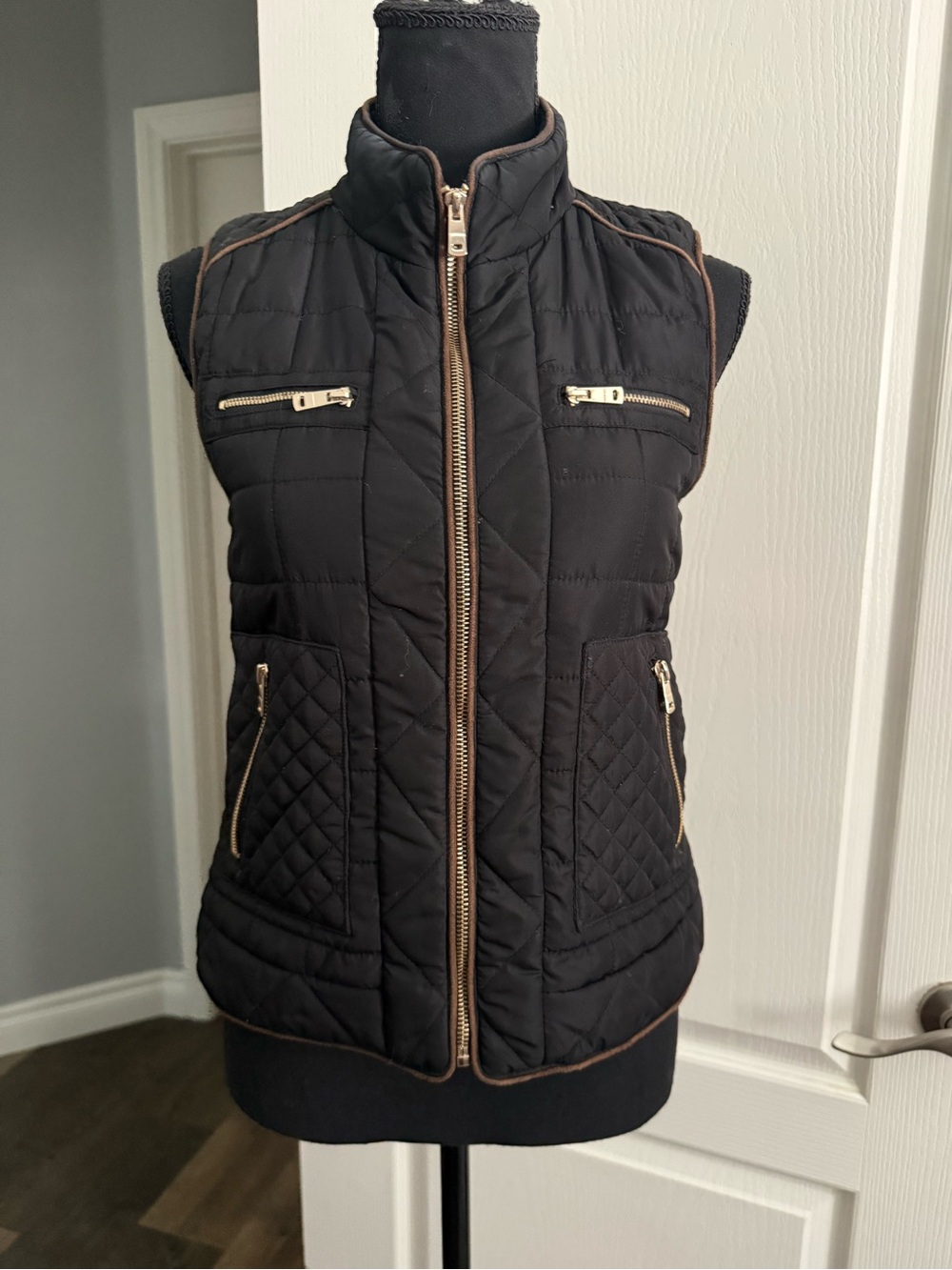 Chocolate Quilted Sleeveless Puffer Vest in Black with Gold Zippers